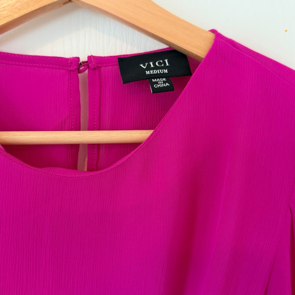 VICI Magenta Tie Front Balloon Sleeve Blouse AT1877 Medium Barbiecore Boho Pink - Picture 6 of 10